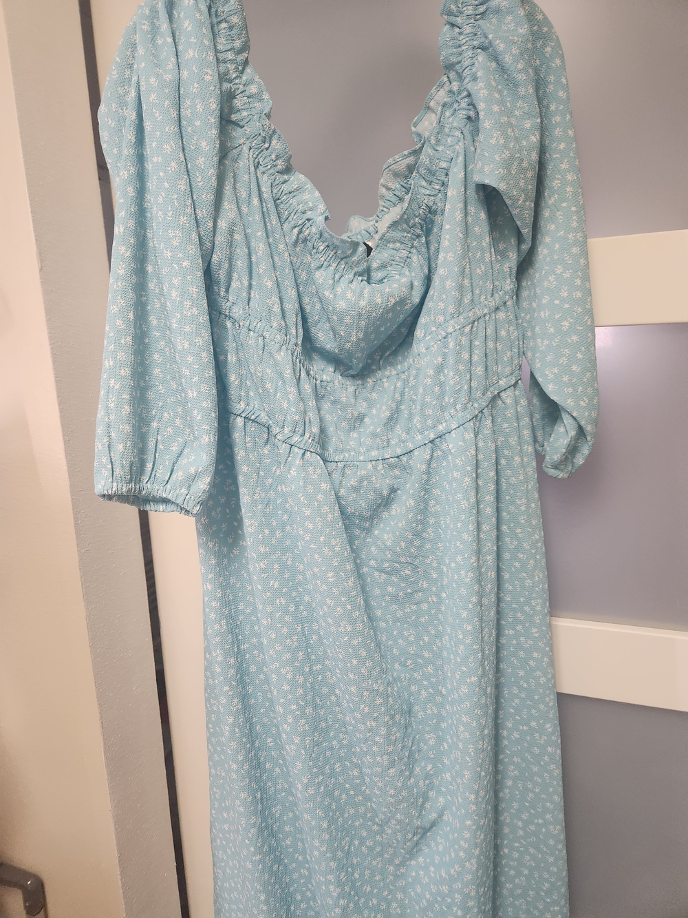 H&M Light Blue/Teal Floral Maxi Dress with Ruffle Neckline